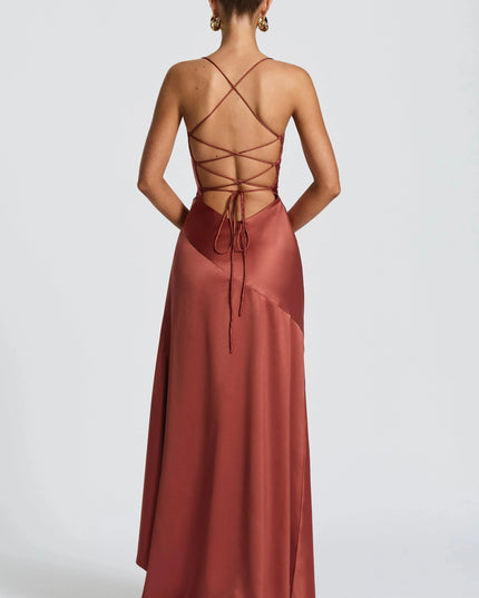 Damska Sukienka Maxi Satynowa Cowl Neck High Low