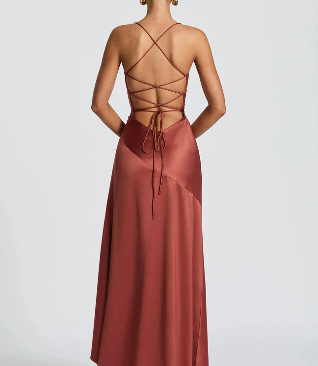 Damska Sukienka Maxi Satynowa Cowl Neck High Low