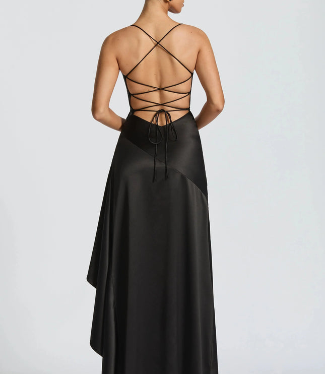 Damska Sukienka Maxi Satynowa Cowl Neck High Low