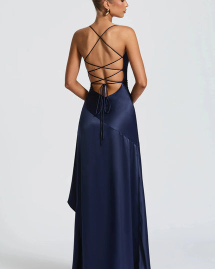 Damska Sukienka Maxi Satynowa Cowl Neck High Low