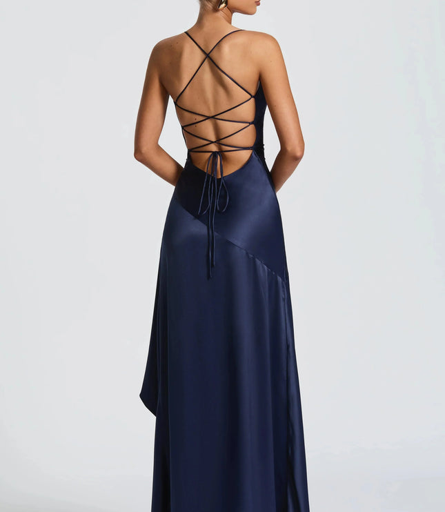Damska Sukienka Maxi Satynowa Cowl Neck High Low