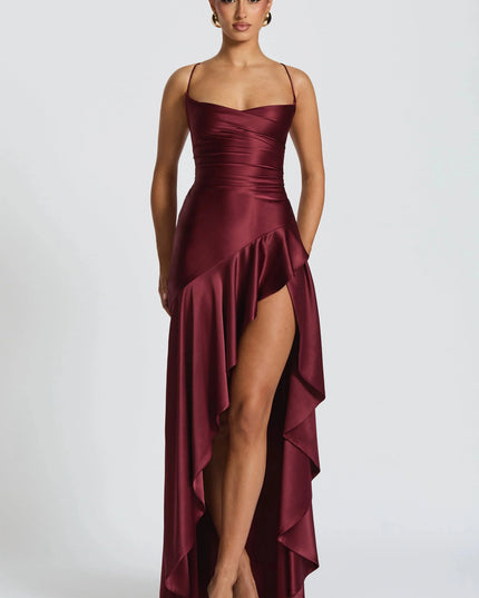 Damska Sukienka Maxi Satynowa Cowl Neck High Low