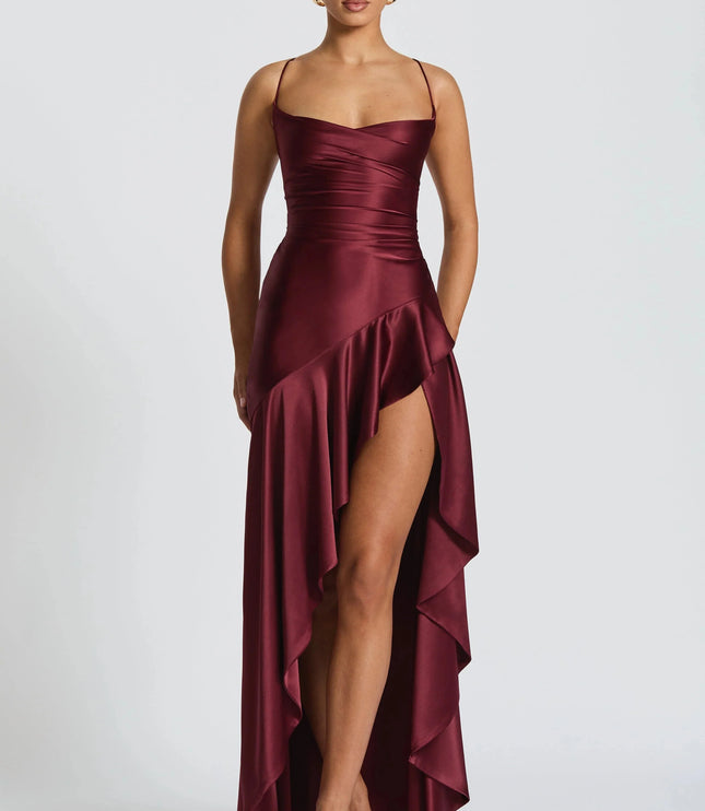 Damska Sukienka Maxi Satynowa Cowl Neck High Low