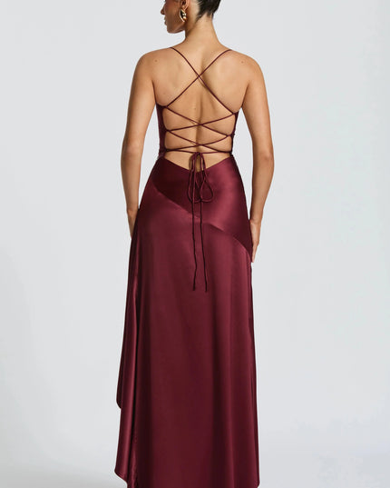 Damska Sukienka Maxi Satynowa Cowl Neck High Low
