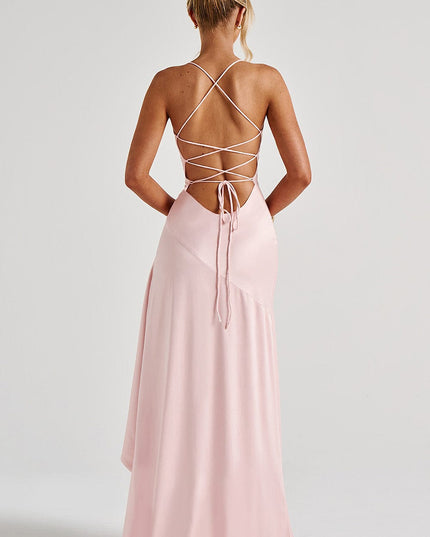 Damska Sukienka Maxi Satynowa Cowl Neck High Low