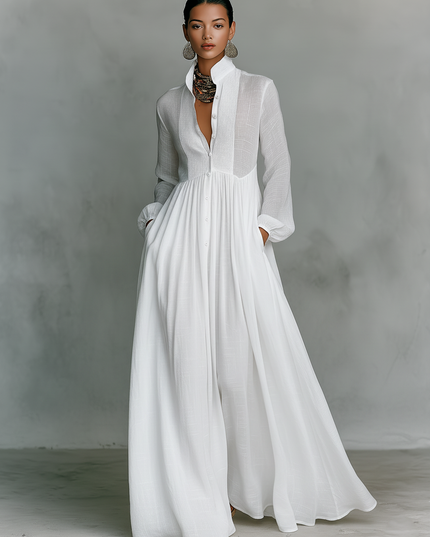Damska Sukienka Maxi Minimalistyczna Stojacy Kolnierz Elegancka