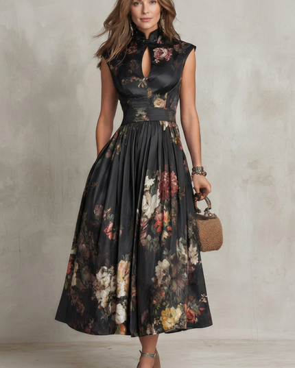 Czarna Sukienka Midi Vintage w Kwiaty Damska
