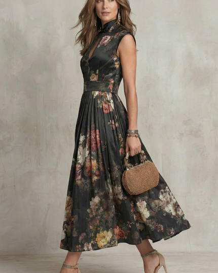 Czarna Sukienka Midi Vintage w Kwiaty Damska