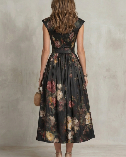 Czarna Sukienka Midi Vintage w Kwiaty Damska