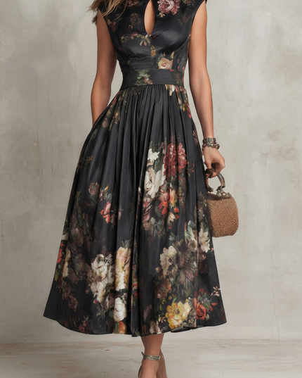 Czarna Sukienka Midi Vintage w Kwiaty Damska