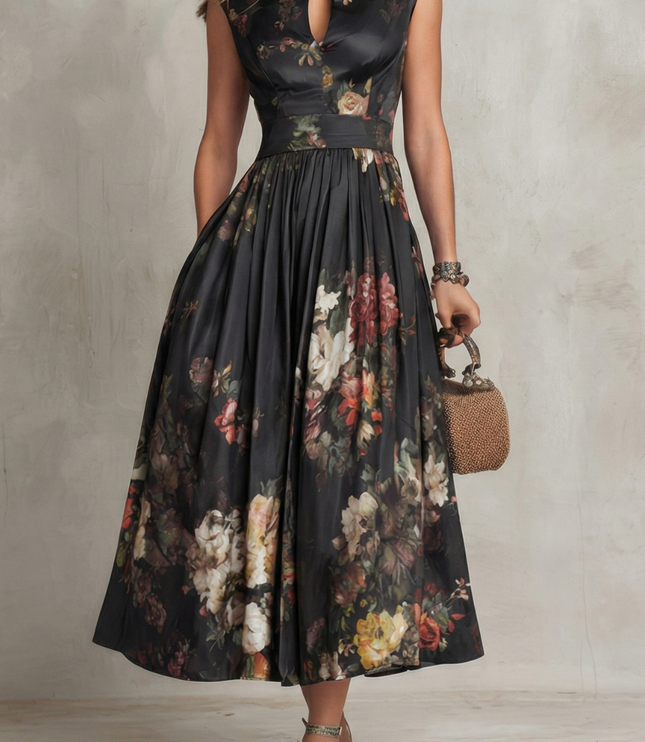 Czarna Sukienka Midi Vintage w Kwiaty Damska