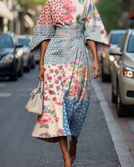 Damska Sukienka Midi na Wesele w Kwiaty Kimono