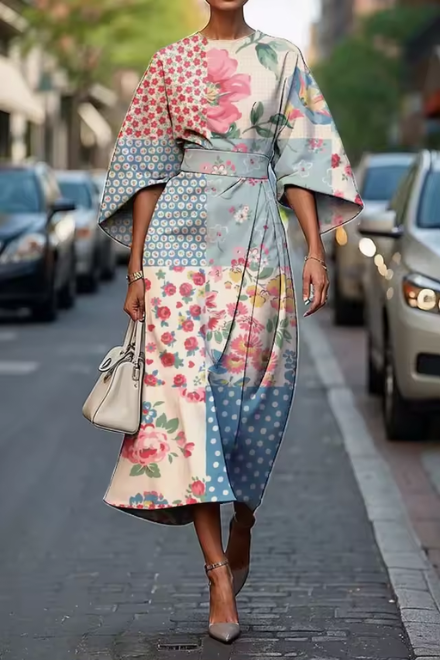 Damska Sukienka Midi na Wesele w Kwiaty Kimono