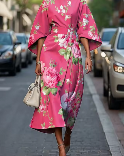 Damska Sukienka Midi na Wesele w Kwiaty Kimono