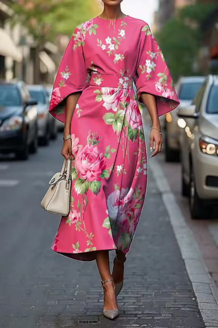 Damska Sukienka Midi na Wesele w Kwiaty Kimono