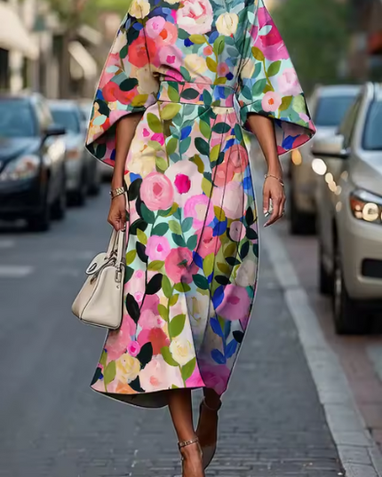 Damska Sukienka Midi na Wesele w Kwiaty Kimono