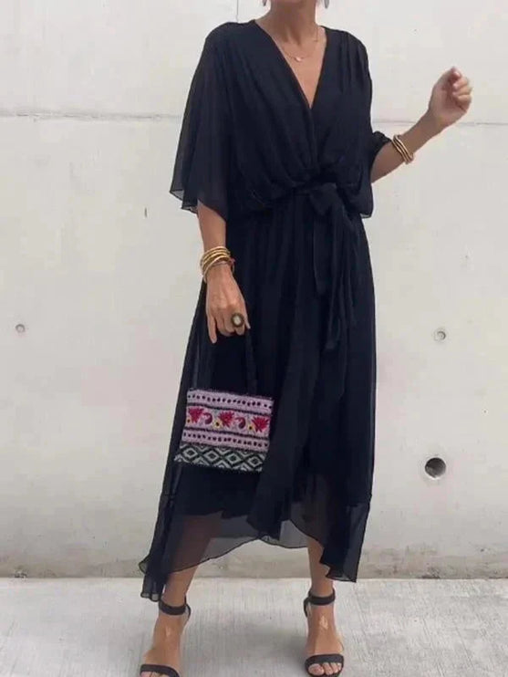 Damska Sukienka Midi Szyfonowa z Rekawem Kimono V-Neck