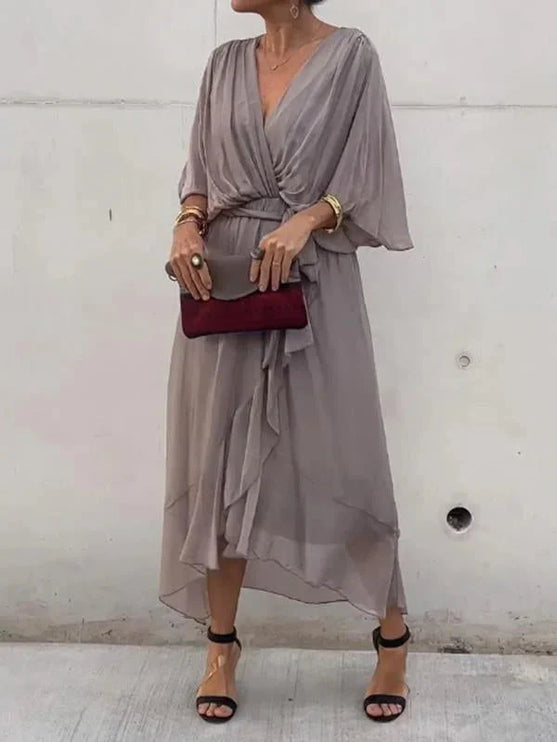 Damska Sukienka Midi Szyfonowa z Rekawem Kimono V-Neck