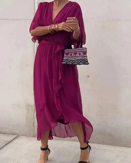 Damska Sukienka Midi Szyfonowa z Rekawem Kimono V-Neck