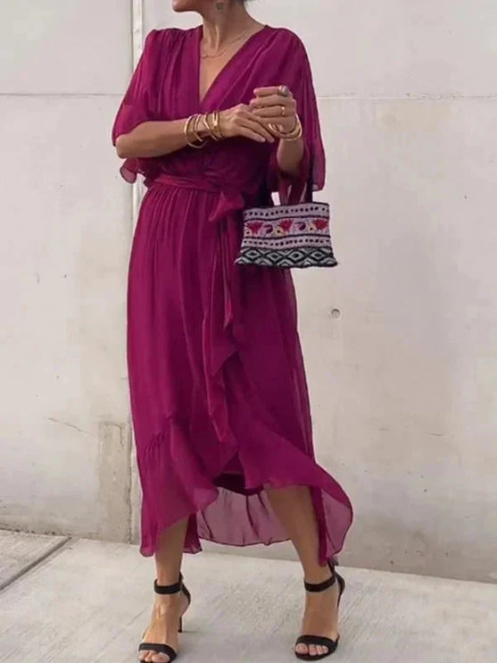 Damska Sukienka Midi Szyfonowa z Rekawem Kimono V-Neck