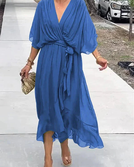 Damska Sukienka Midi Szyfonowa z Rekawem Kimono V-Neck