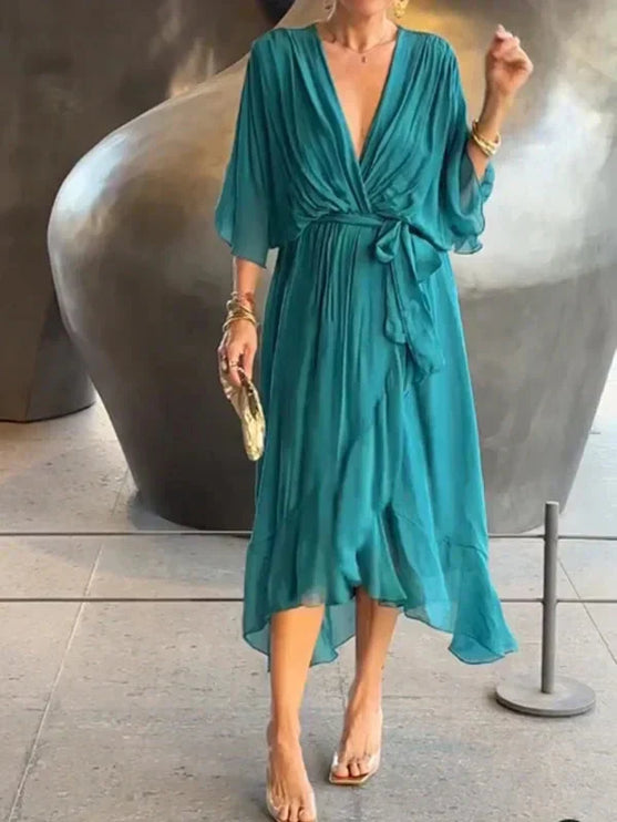 Damska Sukienka Midi Szyfonowa z Rekawem Kimono V-Neck