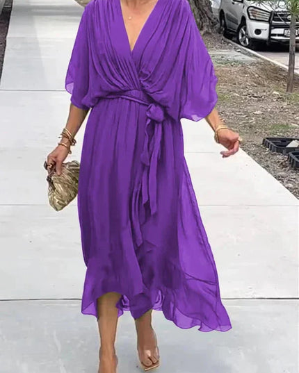 Damska Sukienka Midi Szyfonowa z Rekawem Kimono V-Neck