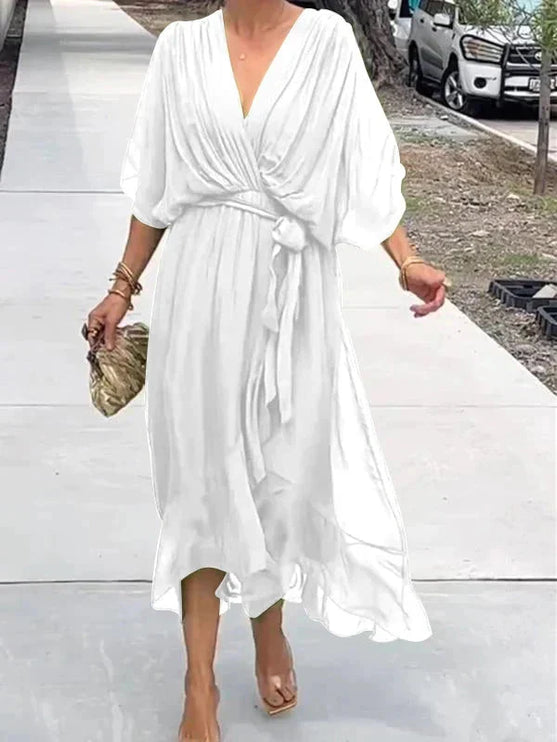 Damska Sukienka Midi Szyfonowa z Rekawem Kimono V-Neck