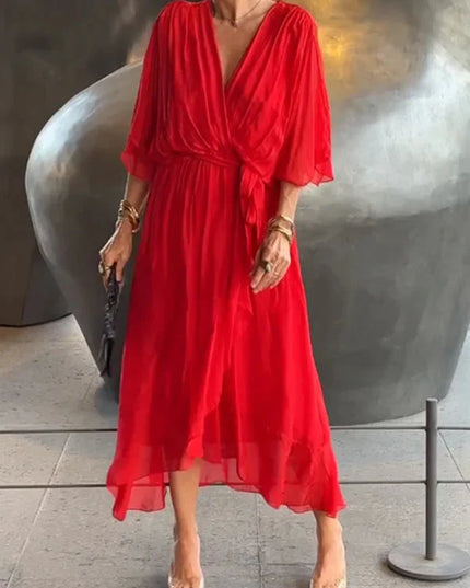 Damska Sukienka Midi Szyfonowa z Rekawem Kimono V-Neck