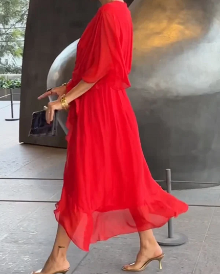 Damska Sukienka Midi Szyfonowa z Rekawem Kimono V-Neck