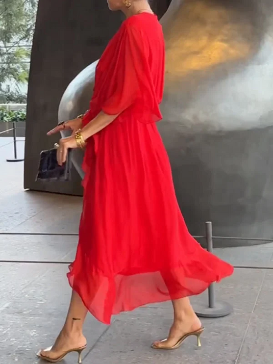 Damska Sukienka Midi Szyfonowa z Rekawem Kimono V-Neck