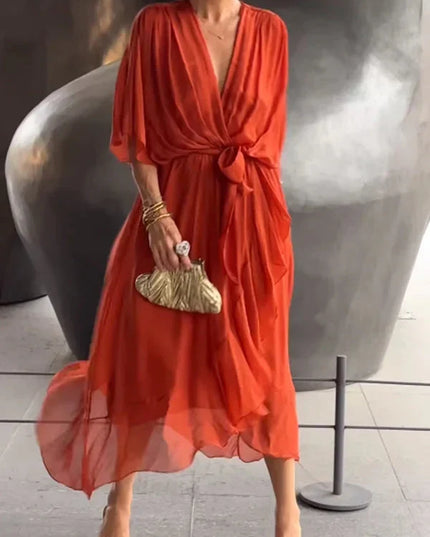 Damska Sukienka Midi Szyfonowa z Rekawem Kimono V-Neck