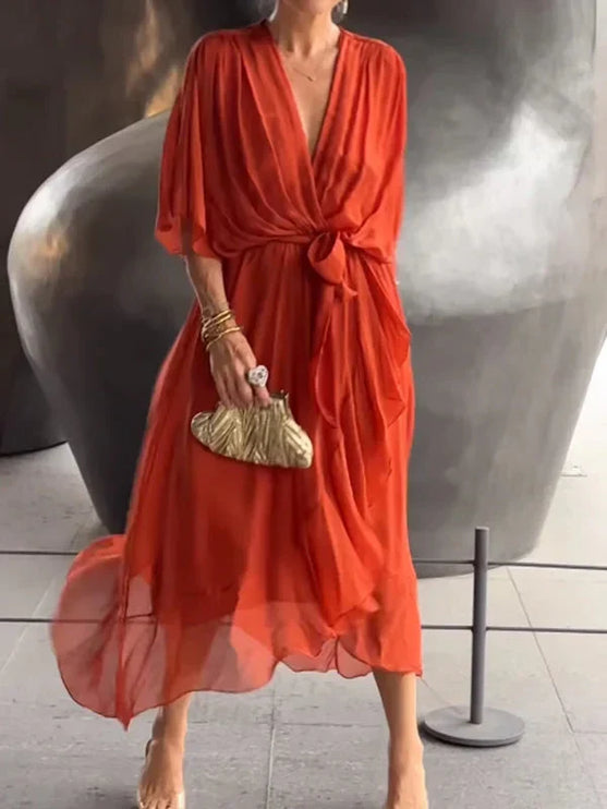 Damska Sukienka Midi Szyfonowa z Rekawem Kimono V-Neck