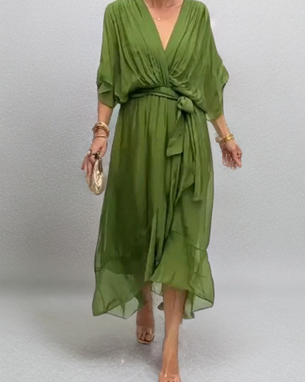 Damska Sukienka Midi Szyfonowa z Rekawem Kimono V-Neck