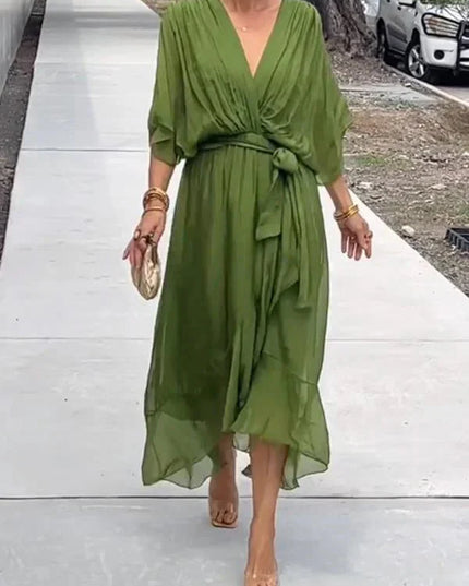 Damska Sukienka Midi Szyfonowa z Rekawem Kimono V-Neck