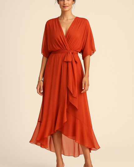 Damska Sukienka Midi Szyfonowa z Rekawem Kimono V-Neck