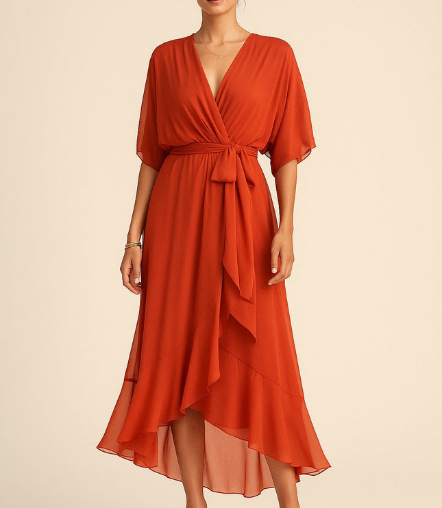 Damska Sukienka Midi Szyfonowa z Rekawem Kimono V-Neck