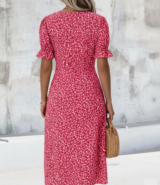Damska Sukienka Midi Kopertowa z Dekoltem V i Guzikami