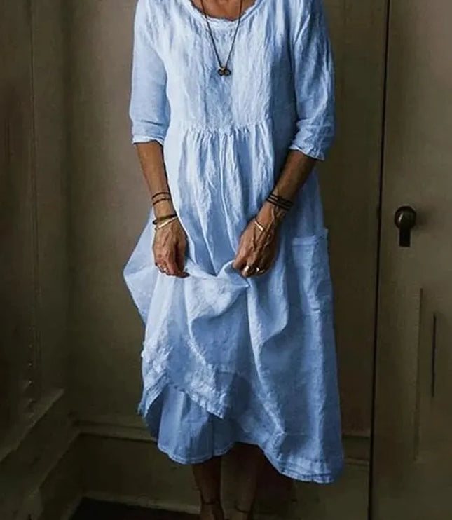 Damska Sukienka Midi Okrągły Dekolt Rękaw 3/4 Luźny Krój