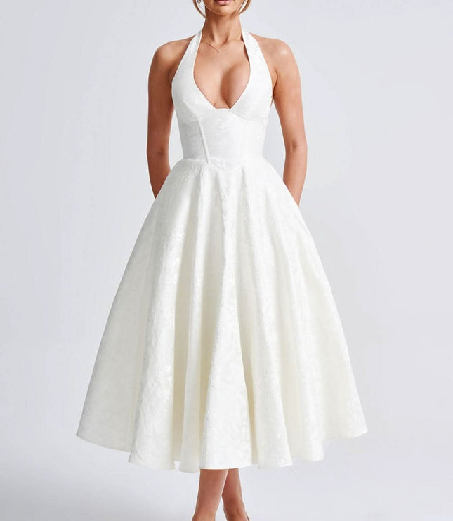 Damska Sukienka Midi na Wesele w Kwiaty Halter