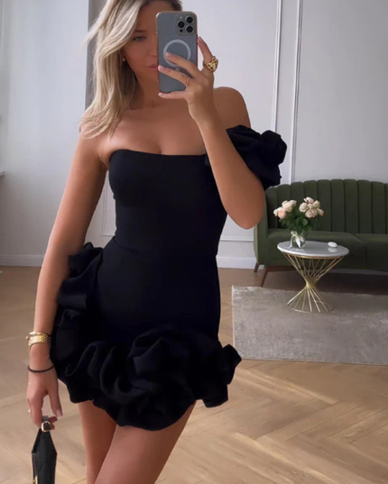 Damska Sukienka Mini Na Wesele Jedno Ramiączko z Falbaną