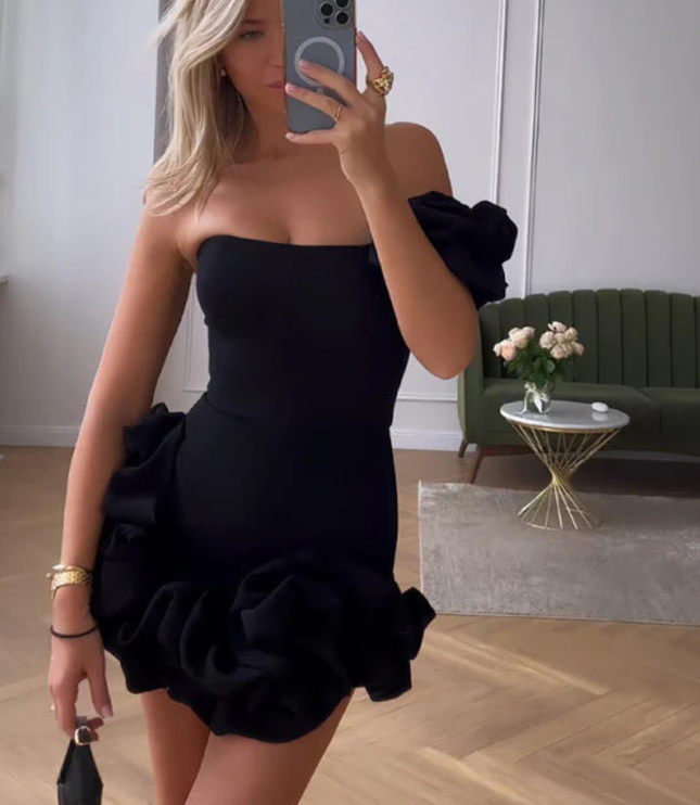 Damska Sukienka Mini Na Wesele Jedno Ramiączko z Falbaną