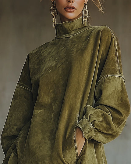 Briella | Women's Knit Sweater Dress with Fringe Hem - Olive Green - Image 2