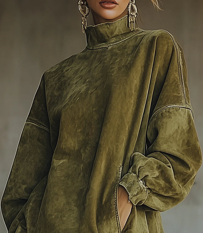 Briella | Women's Knit Sweater Dress with Fringe Hem - Olive Green - Image 2