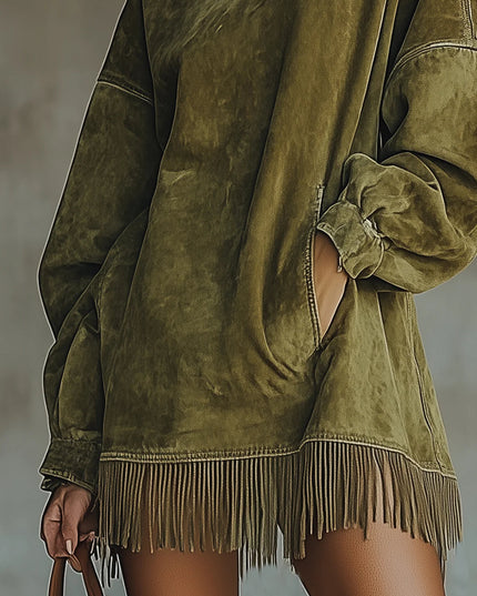 Briella | Women's Knit Sweater Dress with Fringe Hem - Olive Green - Image 3