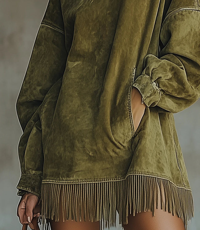 Briella | Women's Knit Sweater Dress with Fringe Hem - Olive Green - Image 3