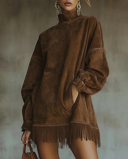 Briella | Women's Knit Sweater Dress with Fringe Hem - Olive Green - Image 4