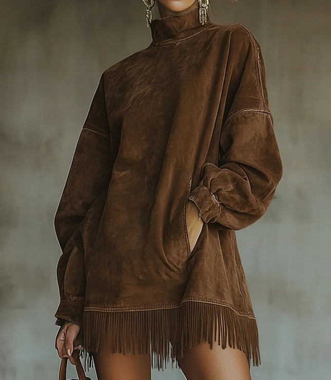 Briella | Women's Knit Sweater Dress with Fringe Hem - Olive Green - Image 4