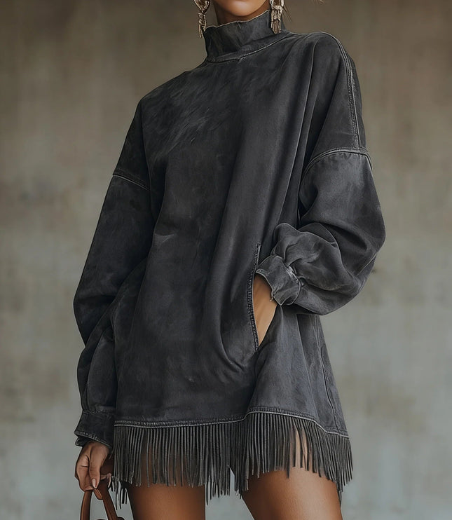 Briella | Women's Knit Sweater Dress with Fringe Hem - Olive Green - Image 5