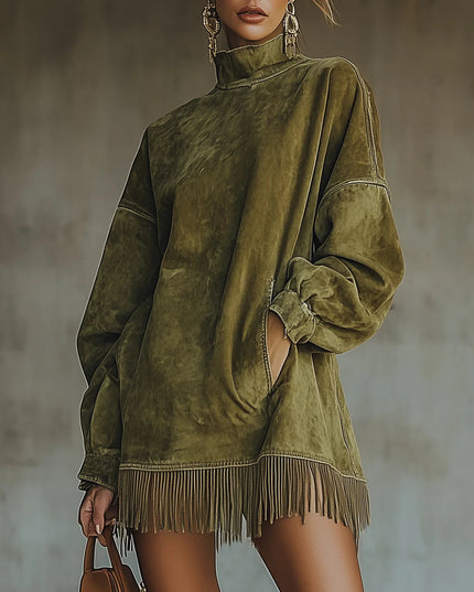 Briella | Women's Knit Sweater Dress with Fringe Hem - Olive Green - Image 1